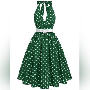 Retro Stage 1950's Green white polka dot halter dress